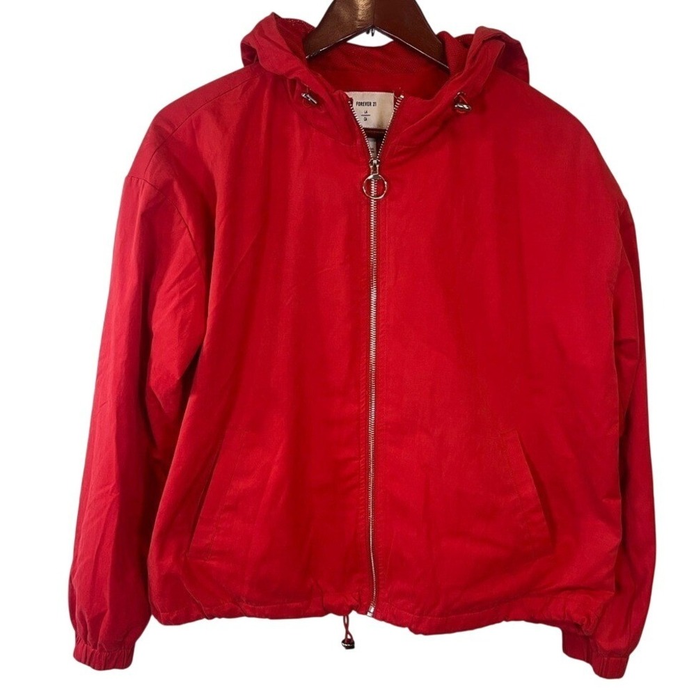 Forever 21 Red Hooded Windbreaker Jacket Mesh‎ Lined Full Zip Size Medium